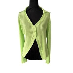 Women’s L Lime Green Ribbed Collared Button Top Lyaner Y2K Lightweight